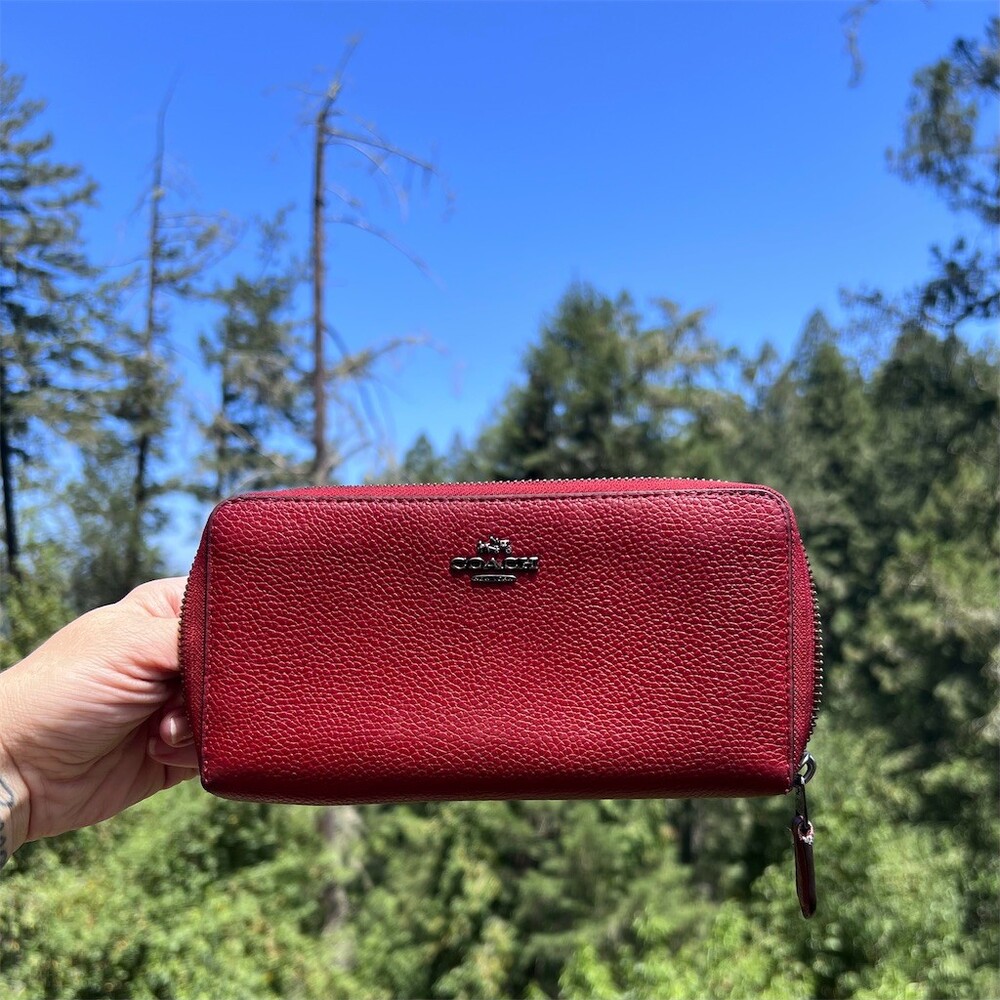 COACH Long Zip-Around Wallet Pebble Leather RED with Silver Hardware AUTHENTIC